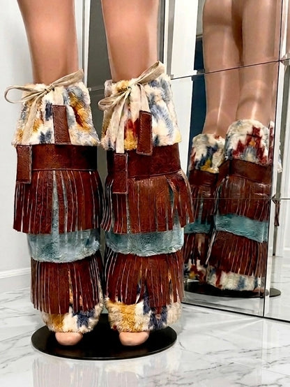 Reign tribal fleece & faux leather fringe leg warmers