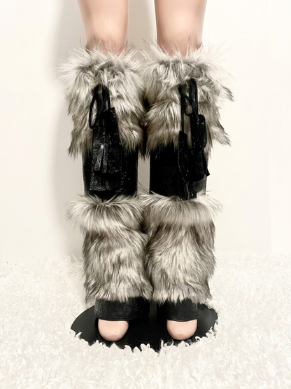 WOLF faux fur & black faux leather brocade print leg warmers