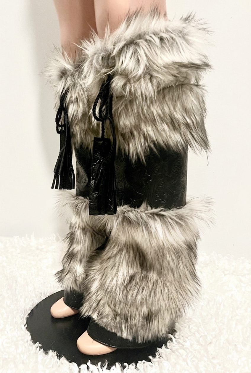 WOLF faux fur & black faux leather brocade print leg warmers