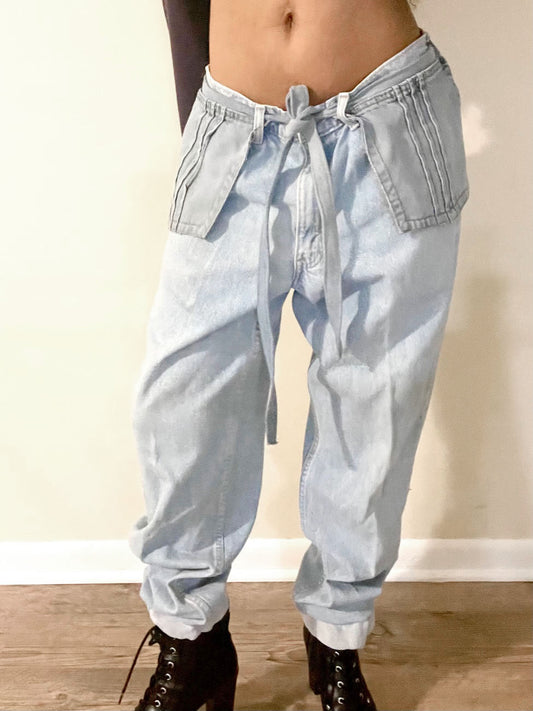 Denim jogger pants with front pocket belt