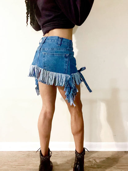 Denim fringe mini skirt