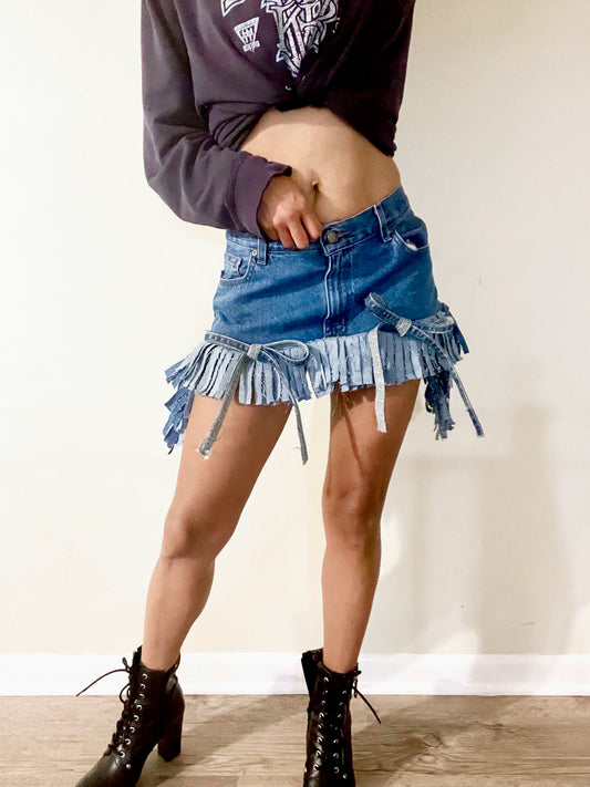 Denim fringe mini skirt