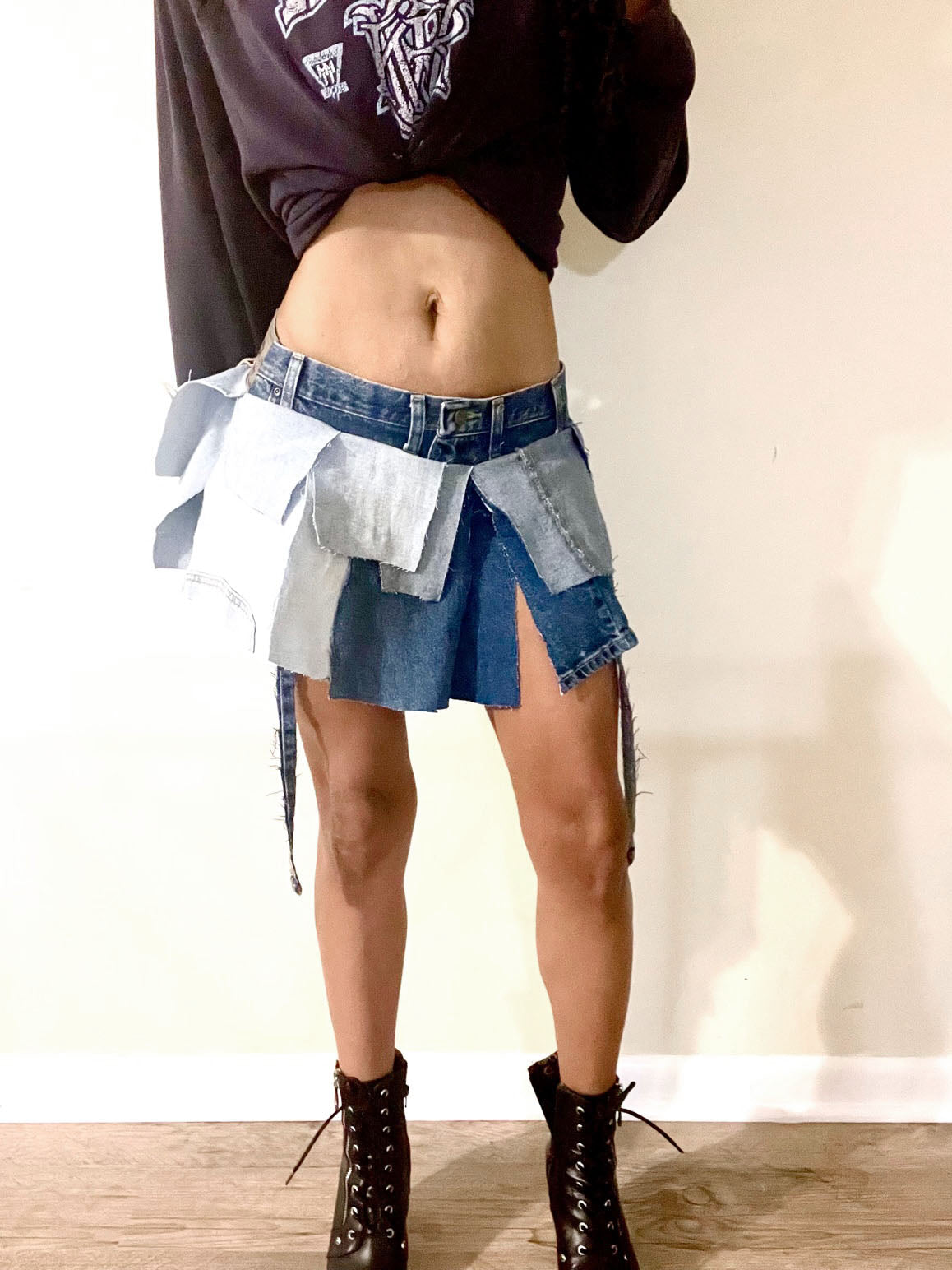 Denim layered mini skirt